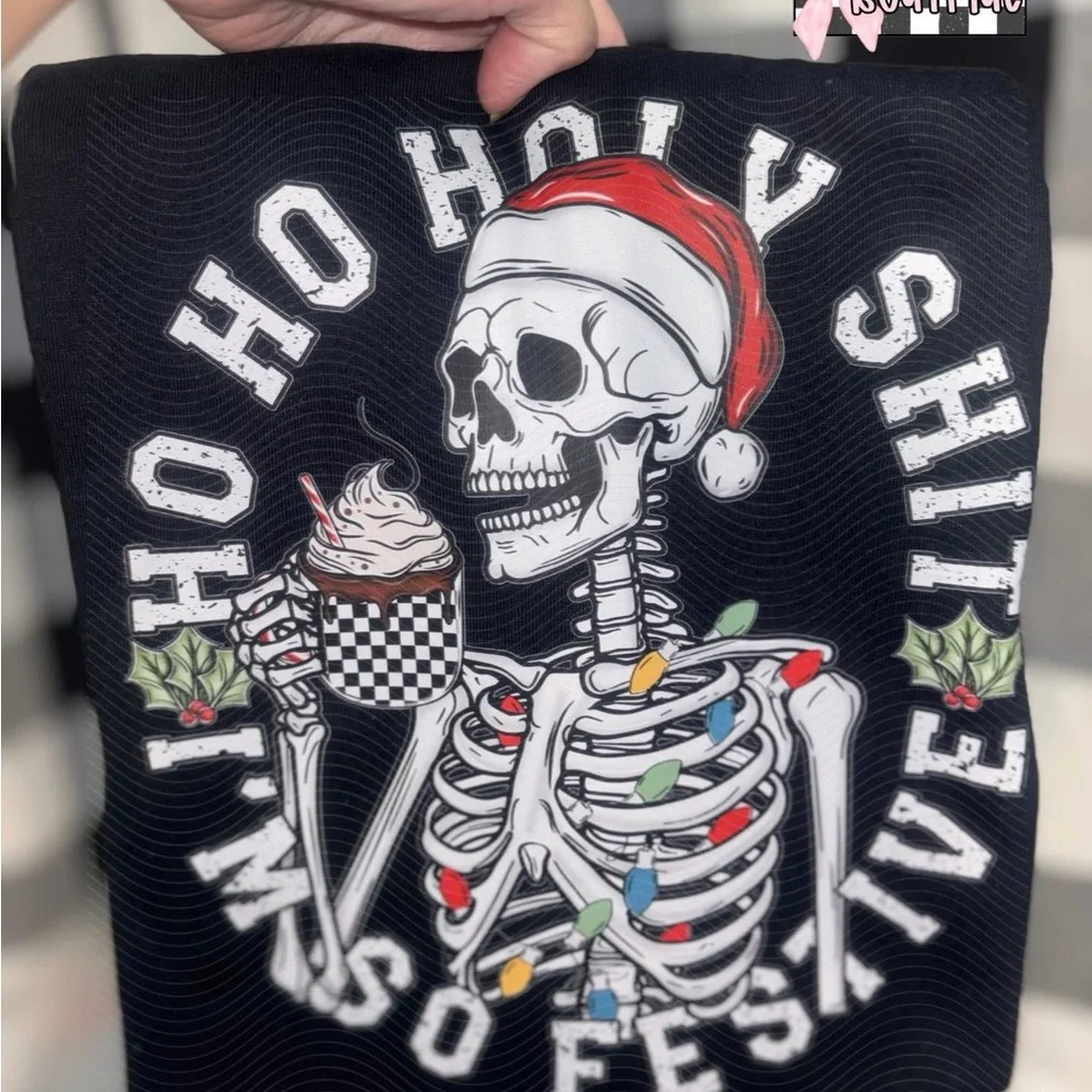 Festive Skeleton Holiday T-Shirt Ash Grey or Black Small-3X